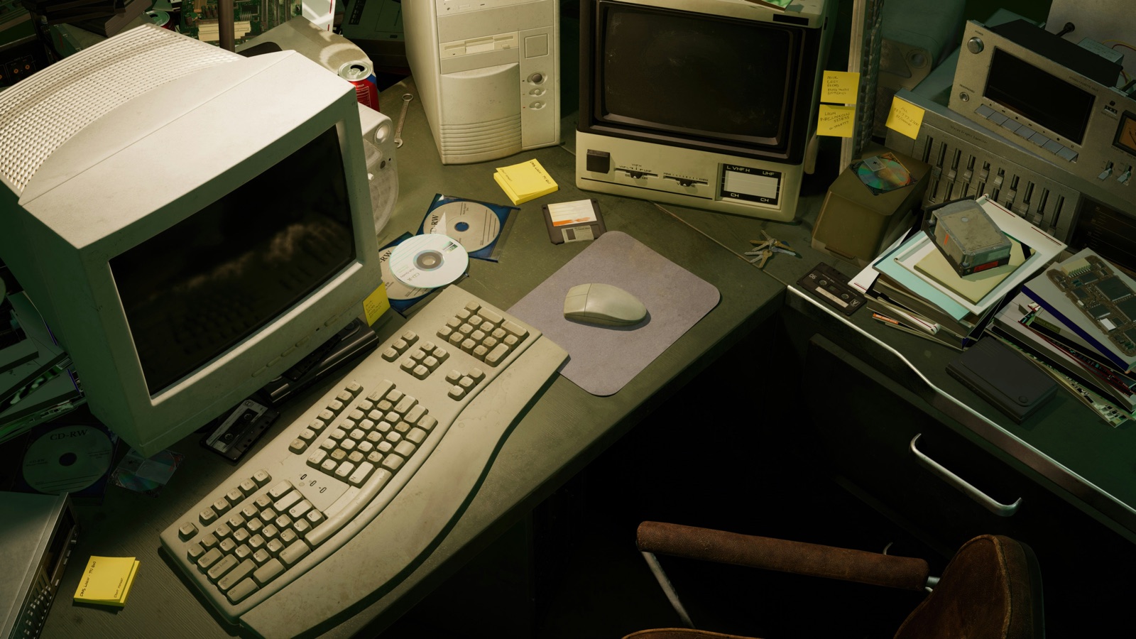 A row of vintage CRT monitors, beige towers and ergonomic keyboards on a cluttered desk &mdash; the kind of setup that was the future for about three years.