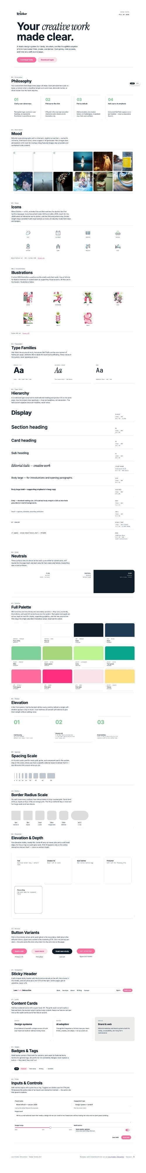 A long scrolling preview of the Lara Kroeker Interactive Design Guidelines page &mdash; philosophy, mood, icons, illustrations, type families, hierarchy, neutrals, full palette, elevation, spacing, border-radius, button variants, content cards, badges, inputs, all documented in one working reference.